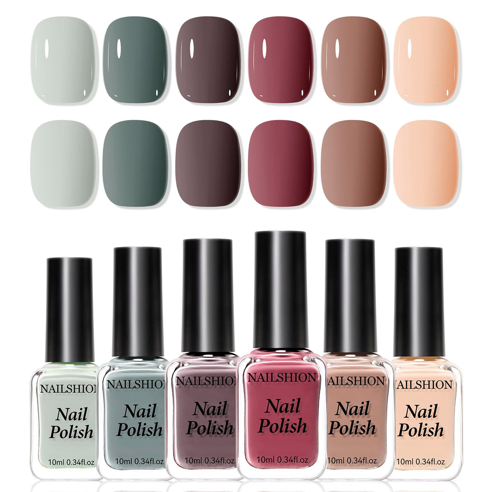 Nailshion front packaging showing six neutral polish bottles and branding