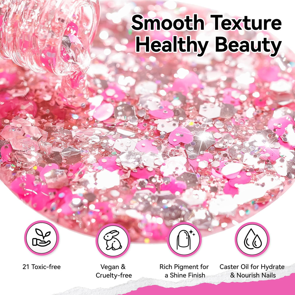 Nailshion glitter texture close-up showing heart confetti and sparkling finish for eye-catching nails
