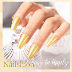 Nailshion gold polish brushstroke on nail tip showing opaque metallic payoff