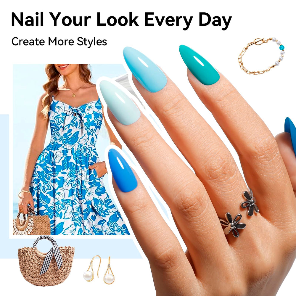 Nailshion on a hand model wearing sky blue for everyday glossy look