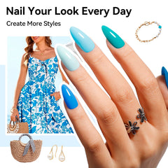 Nailshion on a hand model wearing sky blue for everyday glossy look