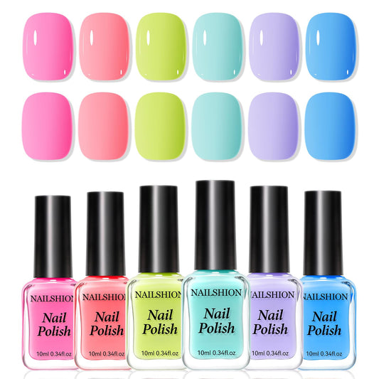 Nailshion front packaging showing six pastel polish bottles, vibrant selection benefit