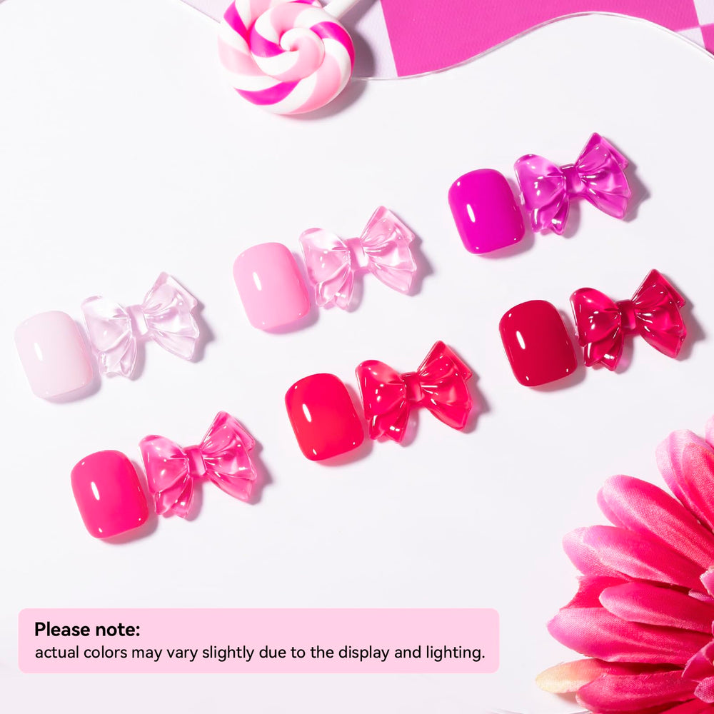 Nailshion six bottles flatlay displaying each pink shade for easy color choice