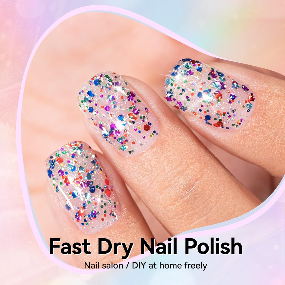 Nailshion swatch stick showing layered glitter shades and easy color selection benefit