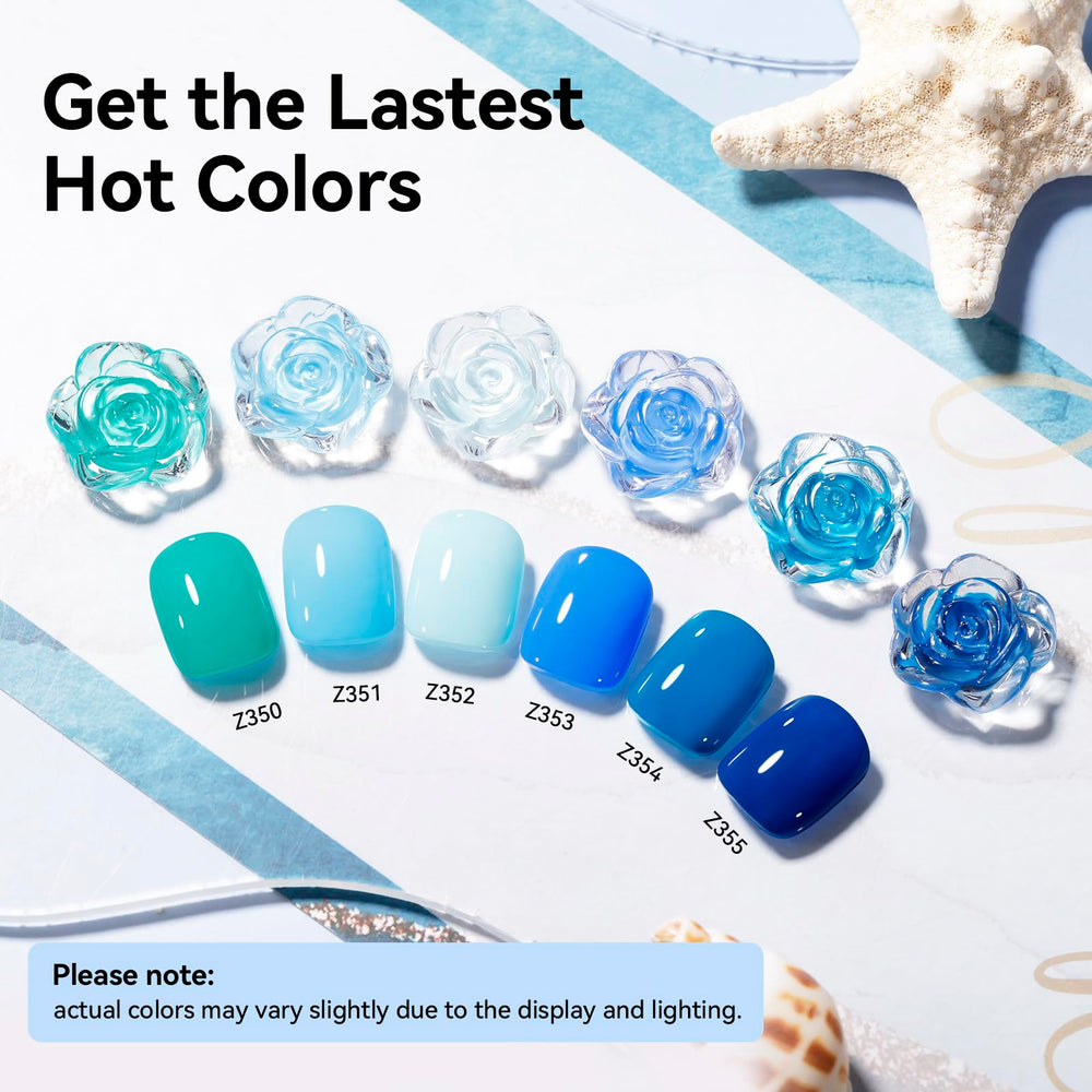Nailshion gradient swatches of all six blues, clear color selection benefit