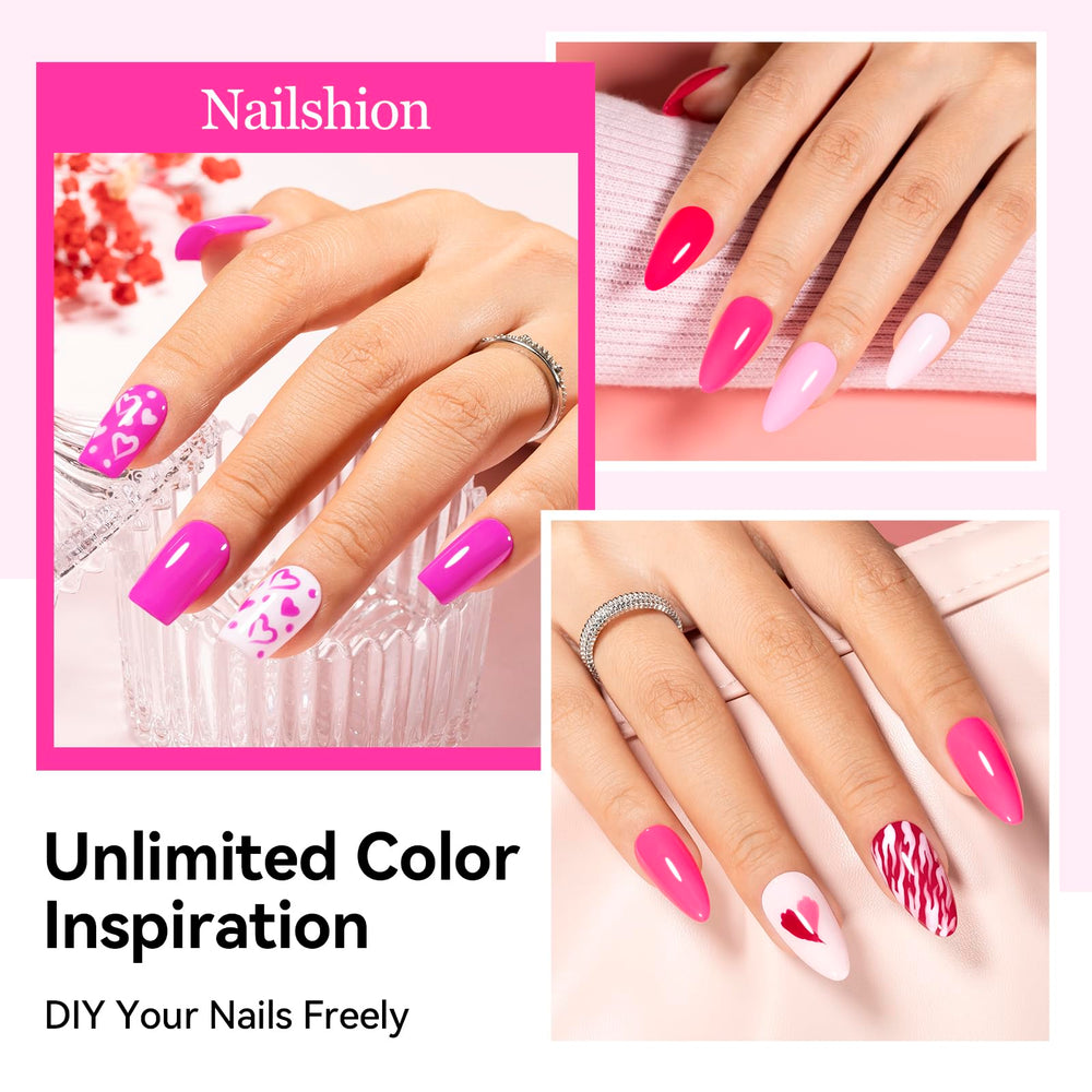 Nailshion swatch strip of six pink shades illustrating true color payoff