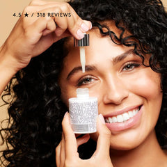 Naked & Thriving serum next to towel in bathroom showing morning routine use benefit
