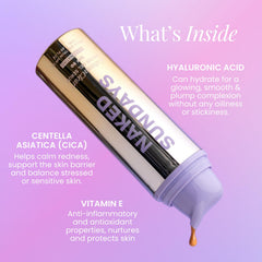 Naked Sundays close-up label showing ingredients, highlights hyaluronic acid and cica benefits