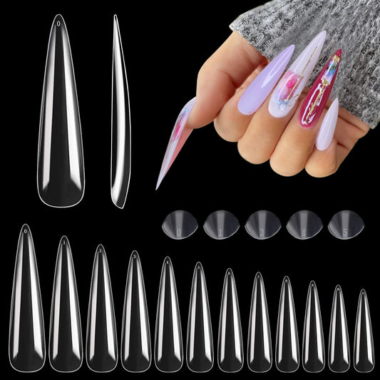 Namgznso front packaging showing 600pcs clear stiletto tips for bulk use
