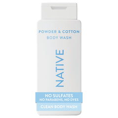 Native front bottle showing label and powder & cotton scent benefit: gentle cleanse