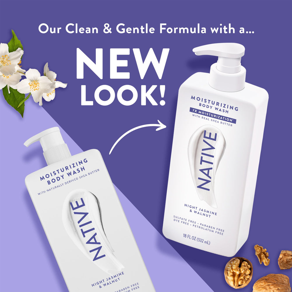 Native bottle placed on shower shelf showing gentle cleanse and hydrated skin benefit