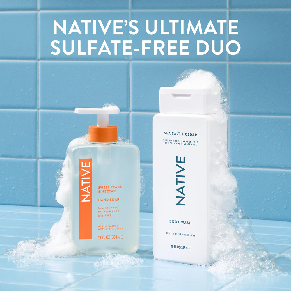 Native bottle on vanity with cedar accent showcasing everyday bathroom-ready formula