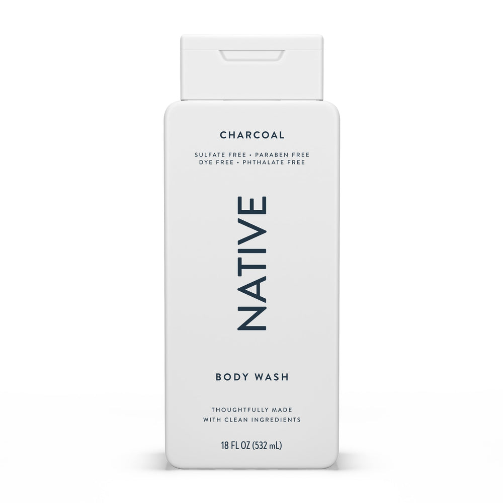 Native charcoal front packaging showing clear label and 18 oz bottle benefit: easy identification