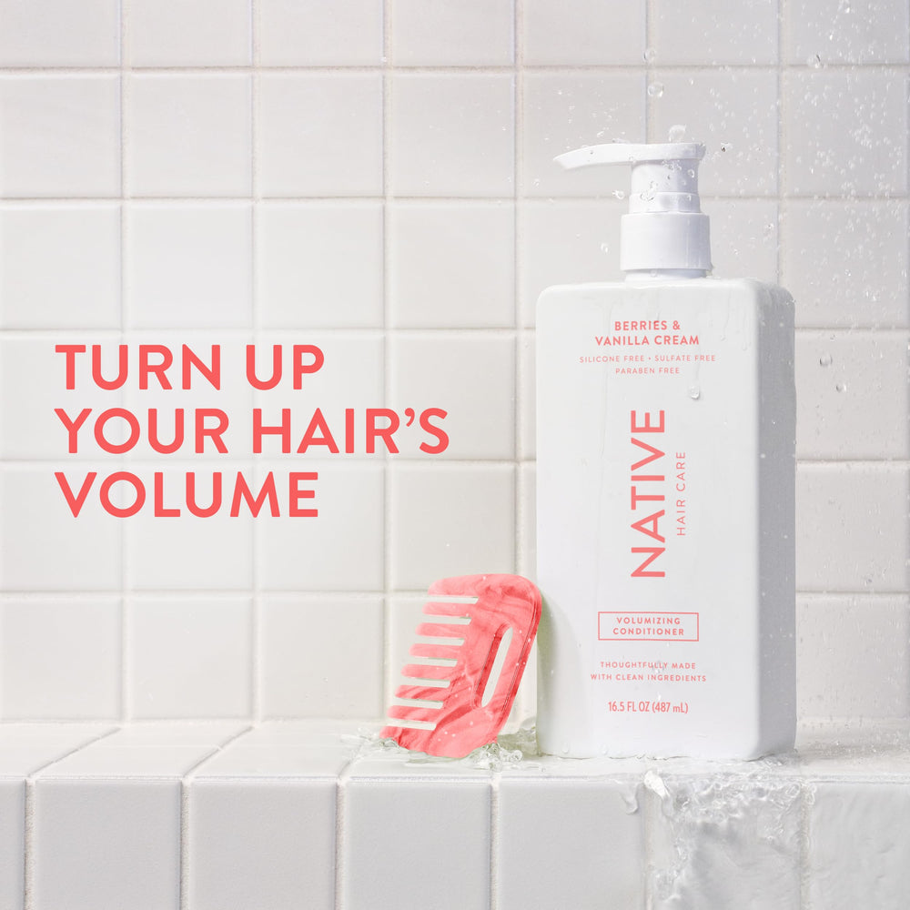 Native conditioner being dispensed from pump showing creamy texture for easy application