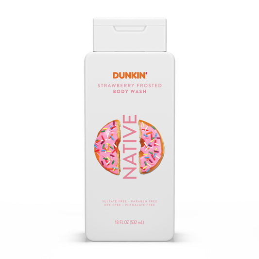 Native Dunkin strawberry frosted front packaging shows bottle and scent