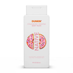 Native Dunkin strawberry frosted front packaging shows bottle and scent