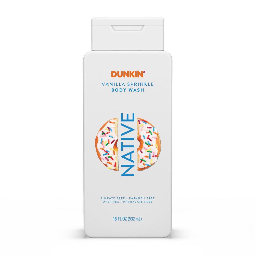 Native Dunkin Vanilla Sprinkle front bottle shows scent and size benefits