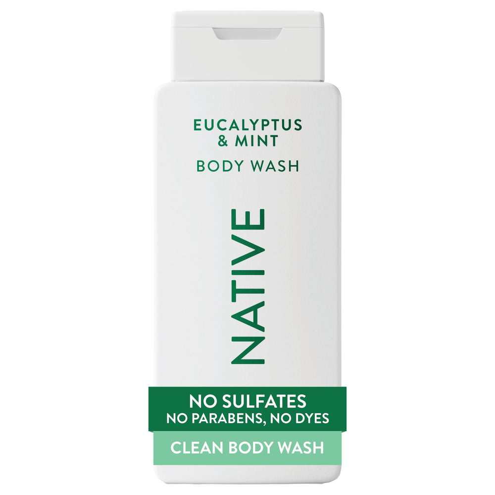Native front packaging showing 18 oz bottle and bright eucalyptus mint scent benefit