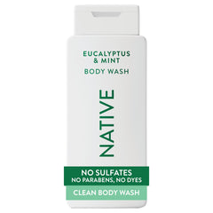 Native front packaging showing 18 oz bottle and bright eucalyptus mint scent benefit