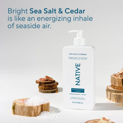 Native bottle on bathroom shelf in bright setting suggesting daily routine