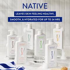 Lifestyle bathroom vanity with Native bottle, suggesting calming shower ritual