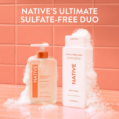 Native bottle with bath accessories suggesting a calming, spa-like experience