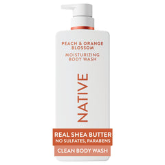 Native bottle front view showing peach orange blossom scent and benefit hydrate