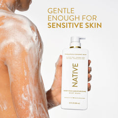 Native bottle staged in bathroom conveying daily routine ease
