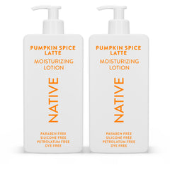 Native front packaging of pumpkin spice latte lotion showing bottle and label, seasonal appeal