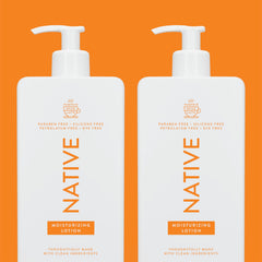Native lotion in bathroom lifestyle scene placed by sink for daily moisturizing routine