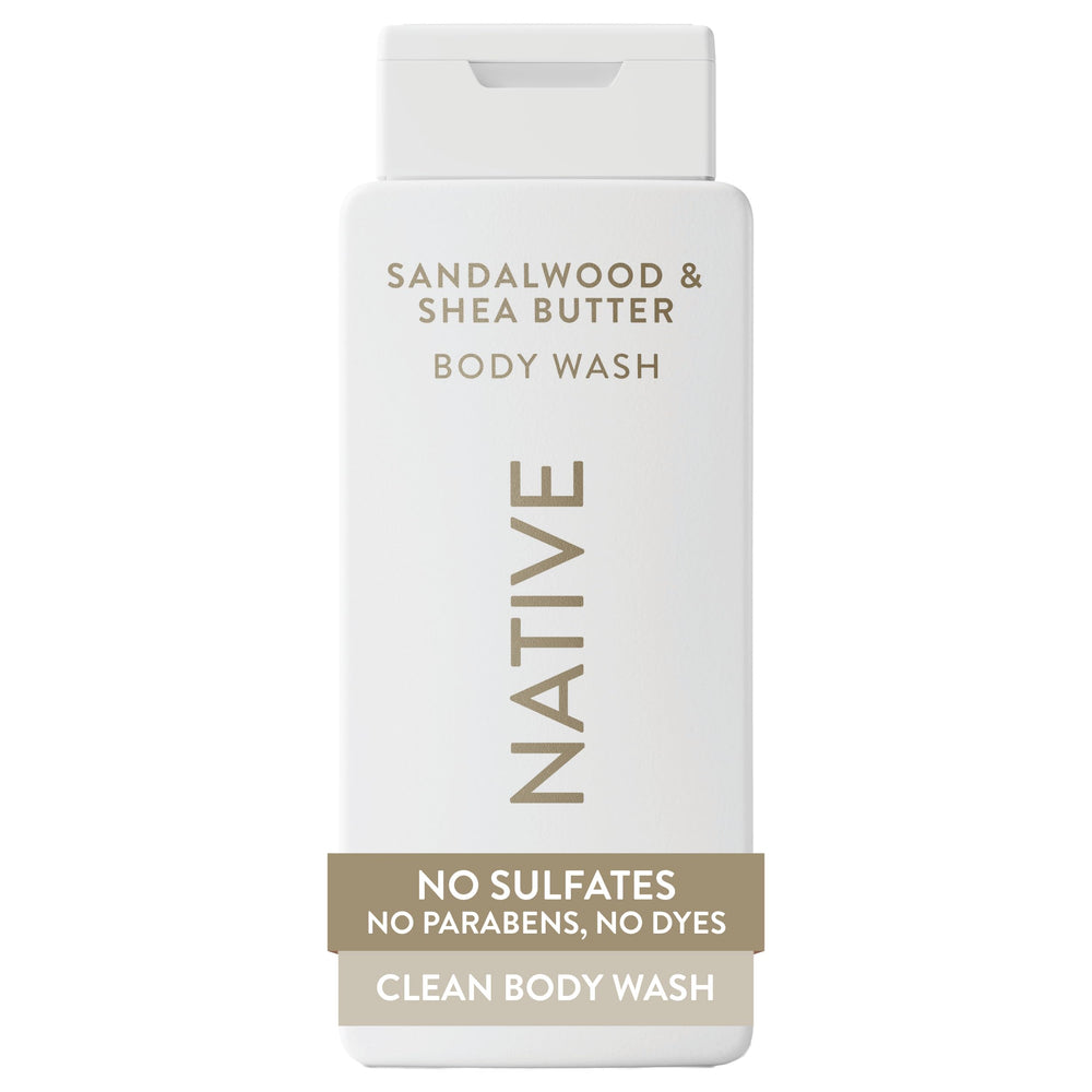 Native bottle front label showing sandalwood and shea branding and 18 oz size benefit