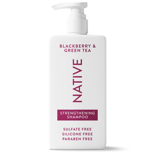 Native shampoo front bottle showing label and blackberry green tea scent benefits