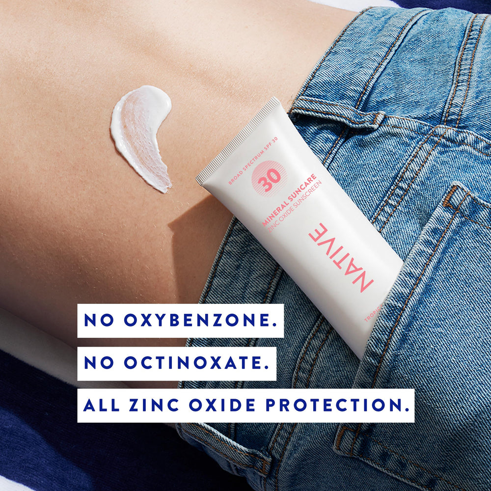 Native sunscreen cap and label detail highlighting reef-safe and dermatologist-tested benefits