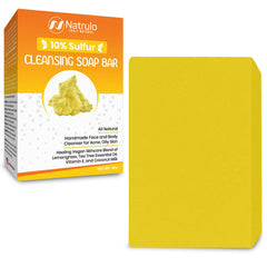 Natrulo front packaging of 10% sulfur soap bar showing label and size, clear benefits