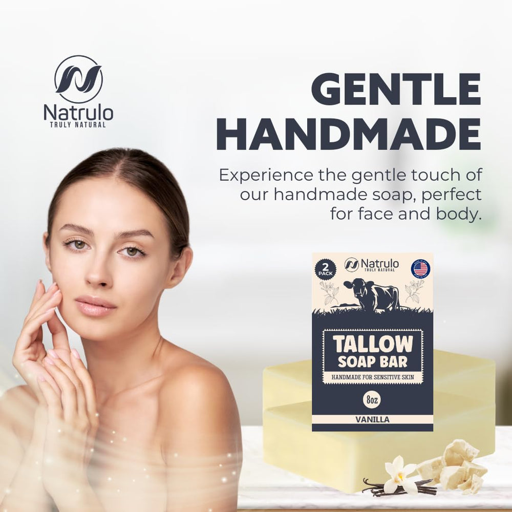 Natrulo soap in a bathroom setting conveying calm vanilla scent benefit