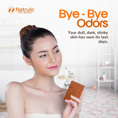 Natrulo soap on bathroom shelf lifestyle shot suggesting daily odor control routine