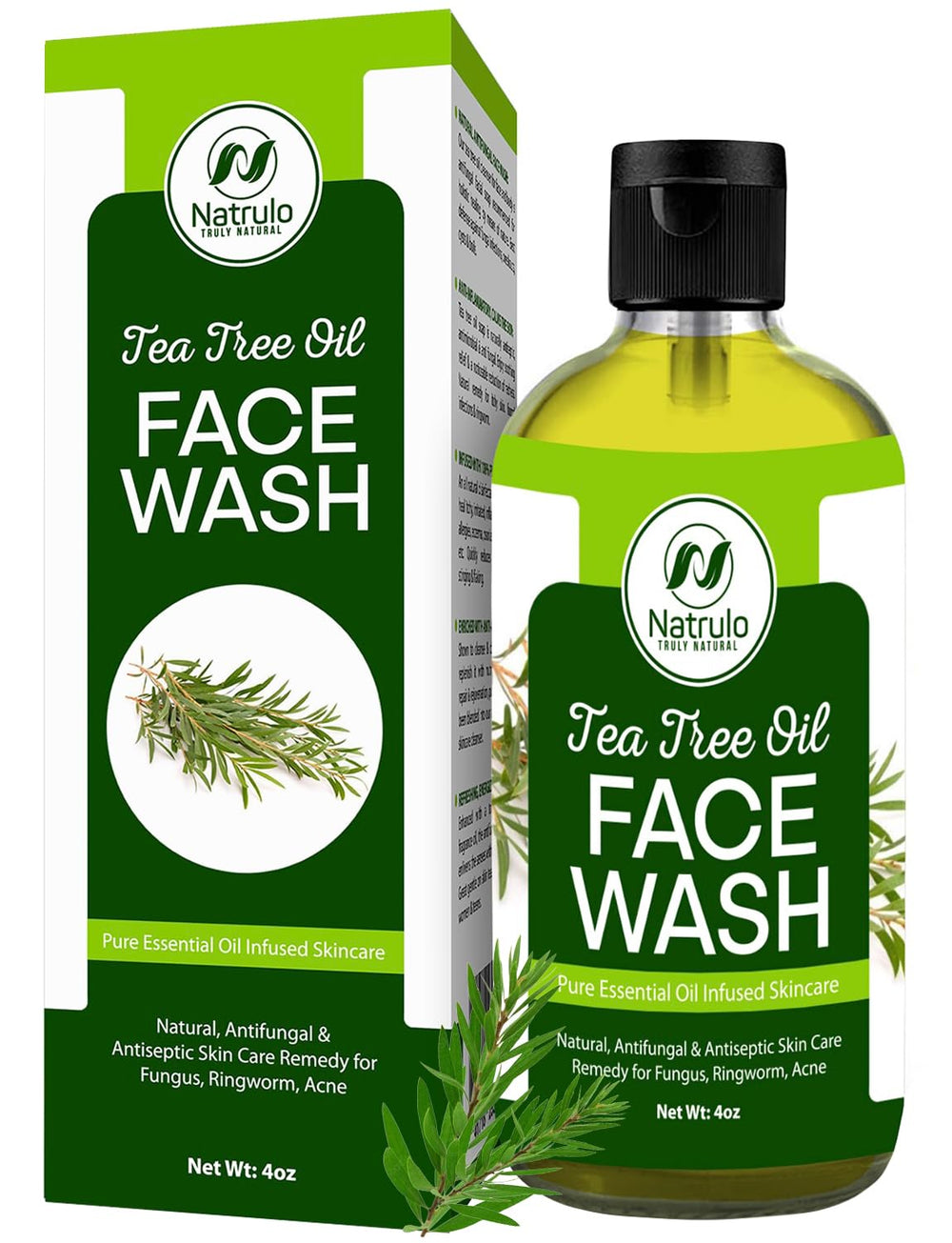 Natrulo front packaging of 4oz tea tree face wash showing label and bottle benefits