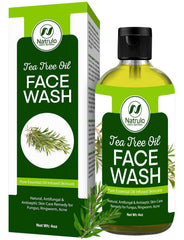 Natrulo front packaging of 4oz tea tree face wash showing label and bottle benefits