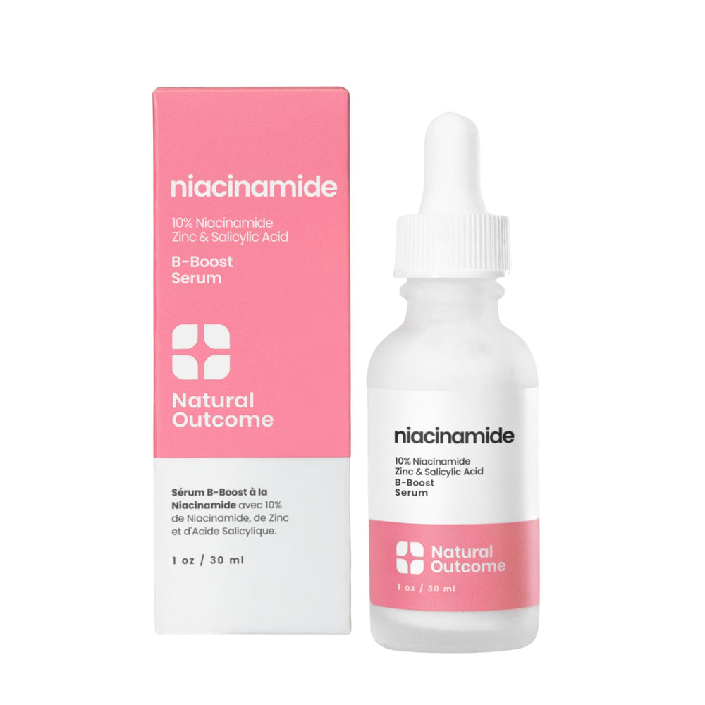 Natural Outcome front bottle view showing product and clear benefit of balanced skin