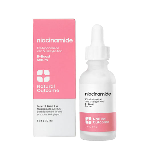 Natural Outcome front bottle view showing product and clear benefit of balanced skin