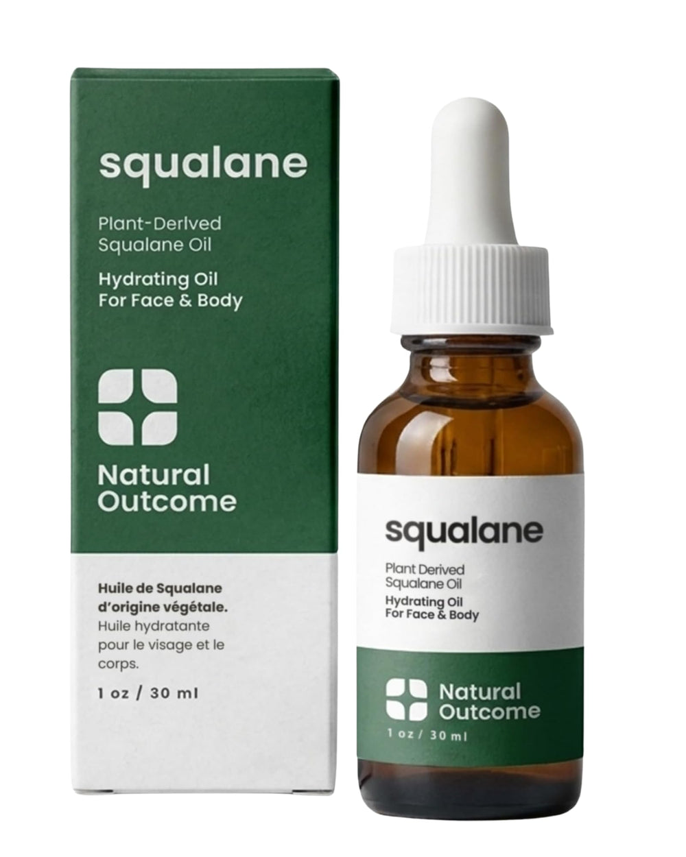 natural outcome front packaging showing 1 oz bottle and branding, highlights purity