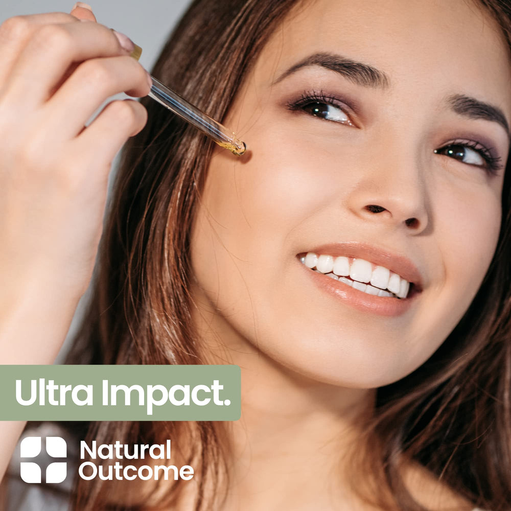 natural outcome serum on bathroom vanity during morning routine for smoother skin