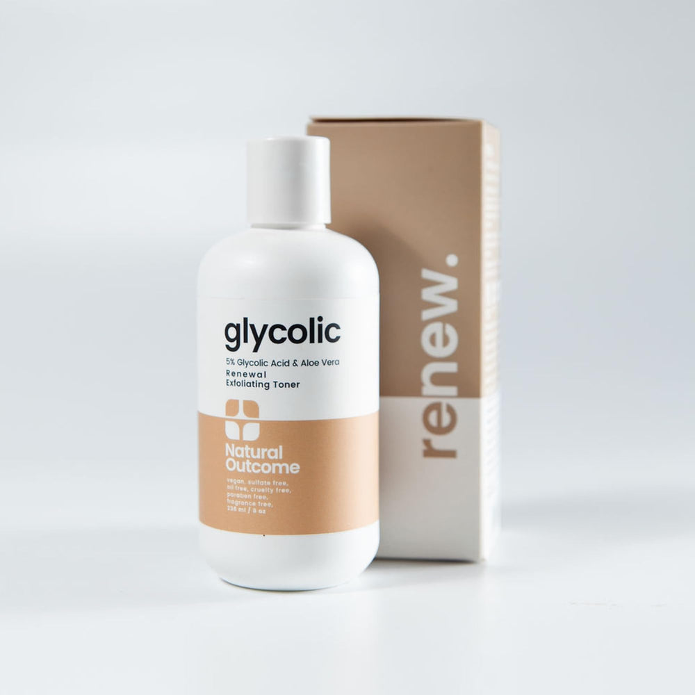 natural outcome toner on bathroom counter in morning routine setting