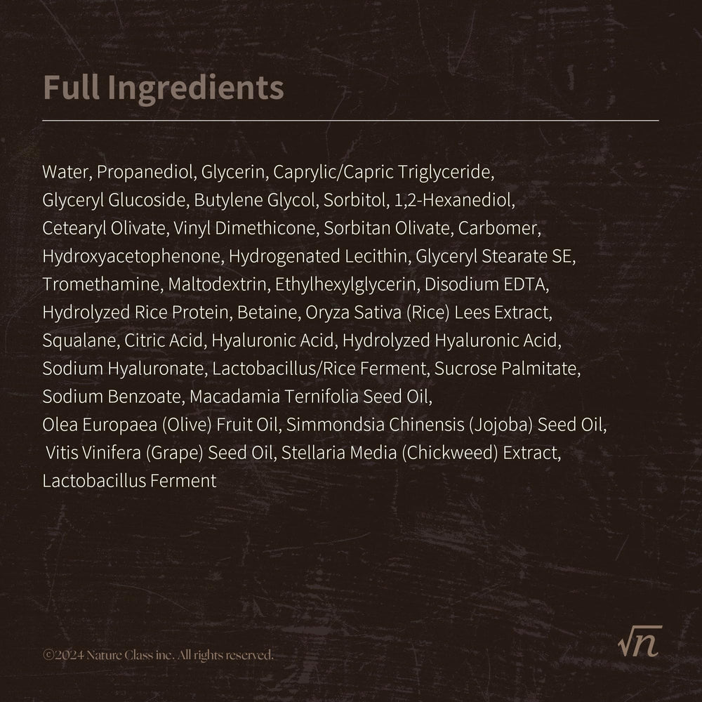 NATURECLASS key ingredients flatlay with rice squalane niacinamide showing brightening support