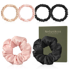NatureKess front packaging showing six silk scrunchies, clear product variety benefit