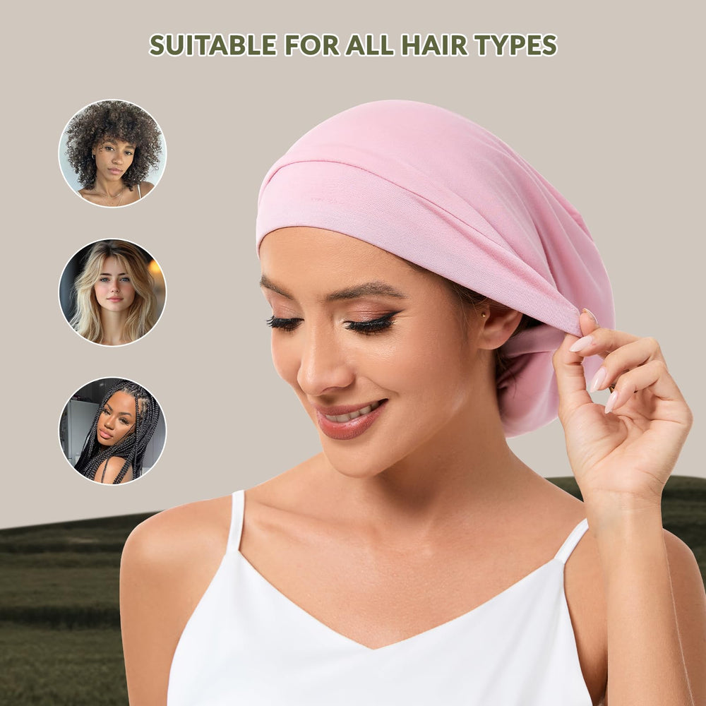 NatureKess on model asleep wearing bonnet benefit: protects hairstyles overnight