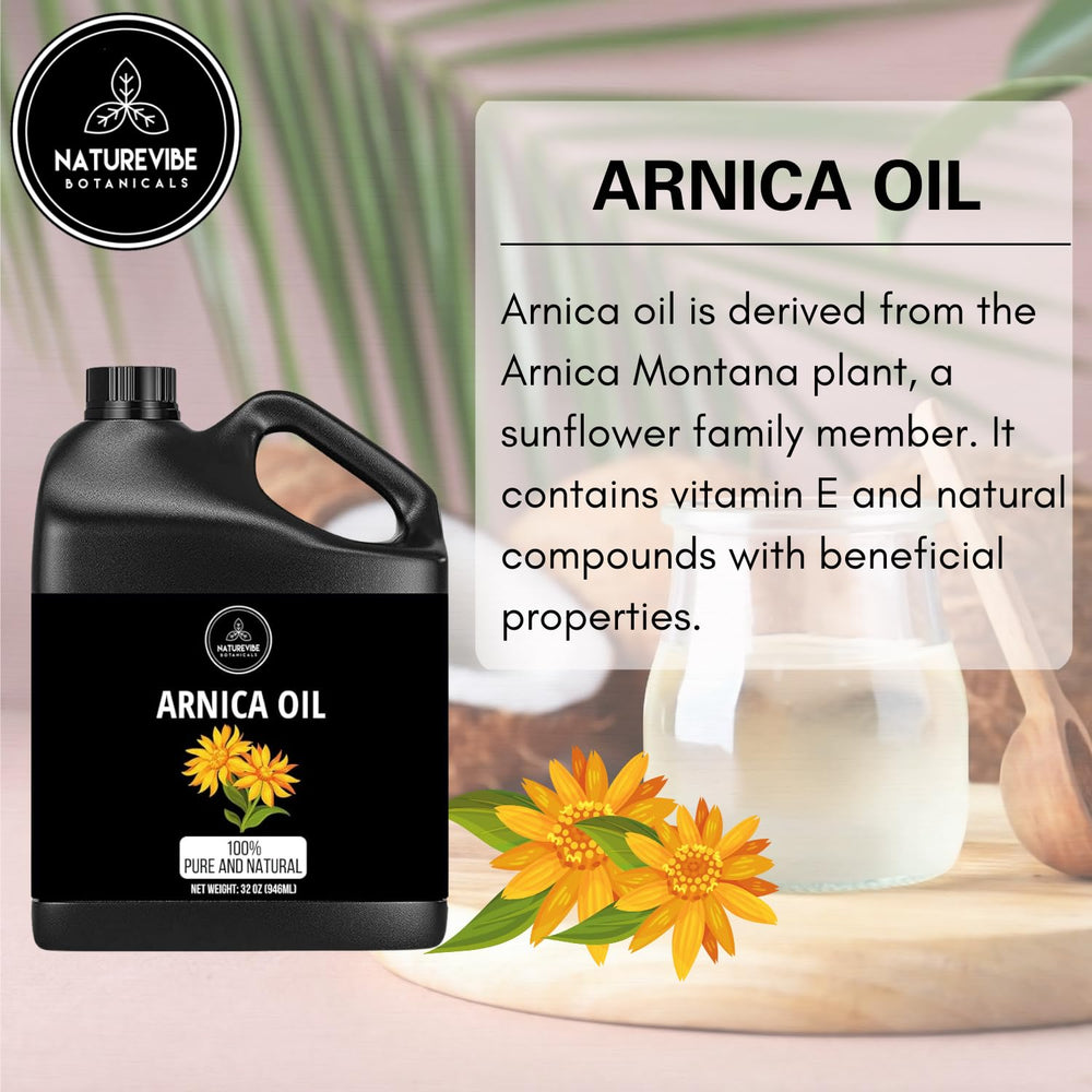 Naturevibe Botanicals arnica oil pouring from jar into palm, demonstrates easy dispensing for massage