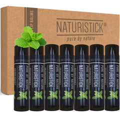 Naturistick front packaging showing seven black peppermint tubes and clear branding, convenient set