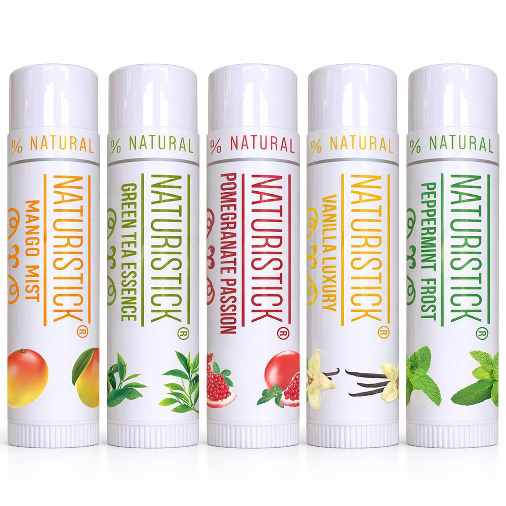Naturistick front packaging of five beeswax lip balms showing assorted flavors and benefits