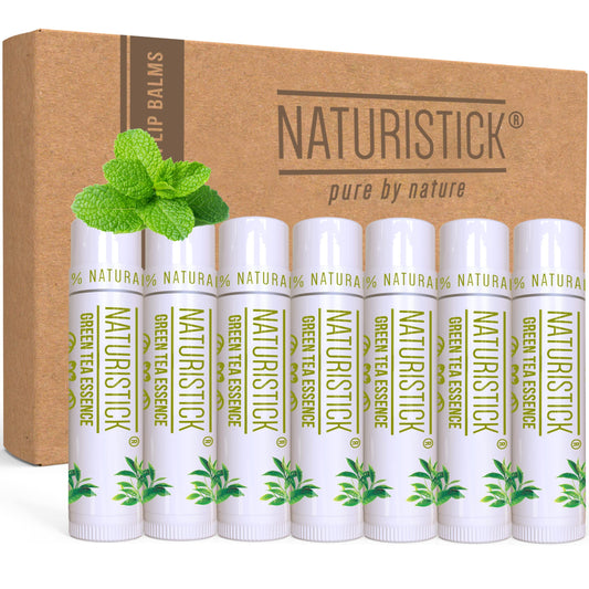 Naturistick front view of seven green tea lip balm tubes showing pack convenience and freshness